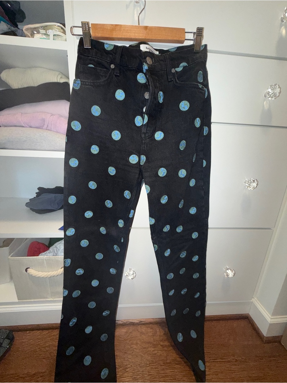 Reformation Black High-Rise Jeans with globe Polka Dots